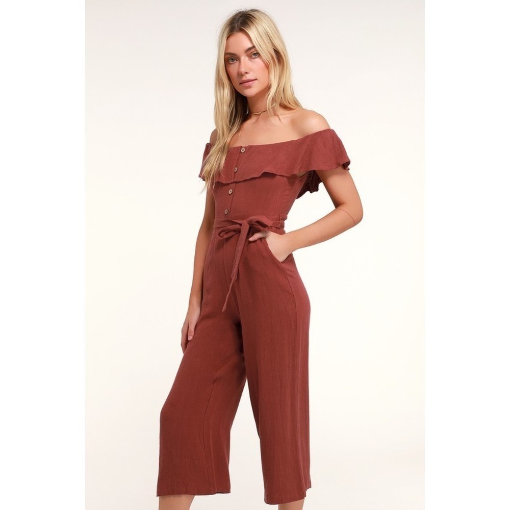 Lulus June Bloom Burgundy Off-the-shoulder Culotte Jumpsuit Red - Size S